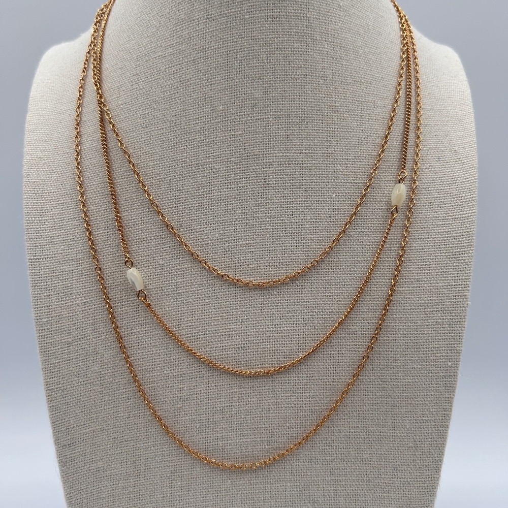 Avon Vintage Gold Tone Triple Strand Necklace with Faux Pearl Accents 19 Inch